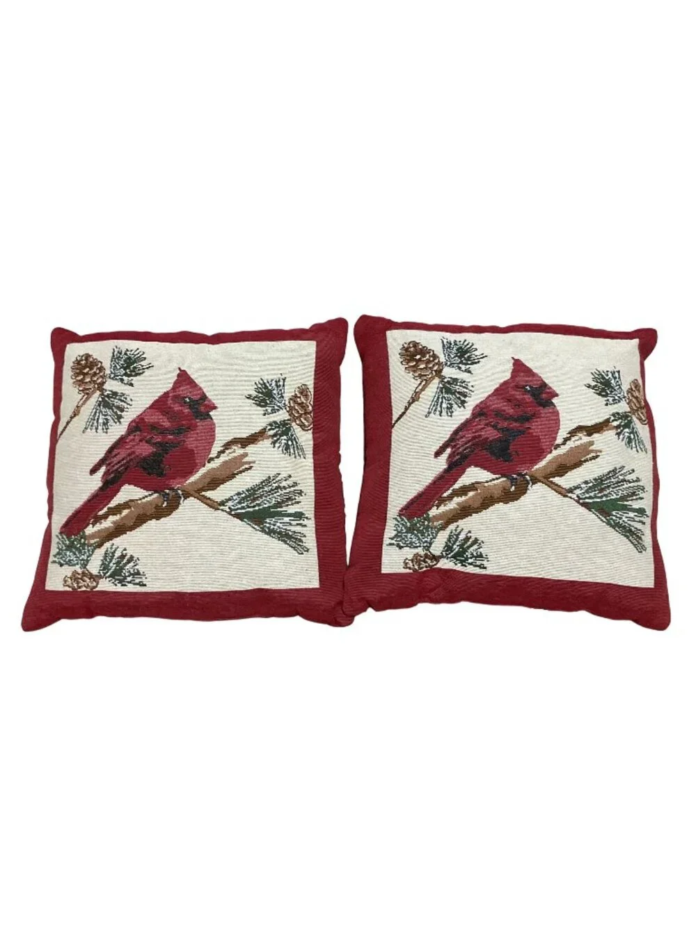 Pair Of Red Cardinal Decorative Throw Pillows With Pinecone Design Tapestry 16